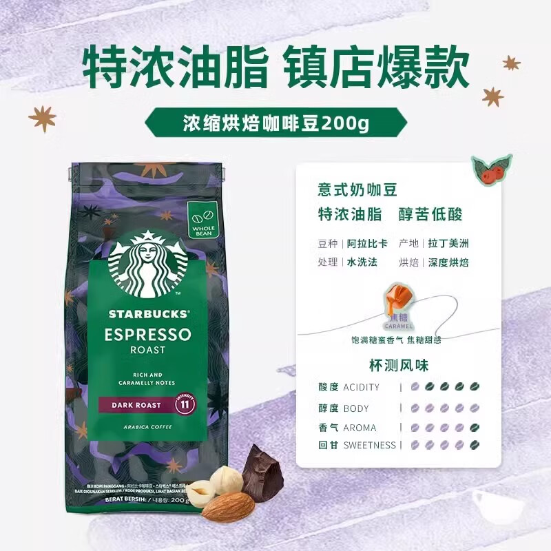 星巴克原装进口咖啡豆粉派克市场意式浓缩阿拉比卡研磨手冲美式黑咖啡 浓缩烘焙咖啡豆200g26年9月到期