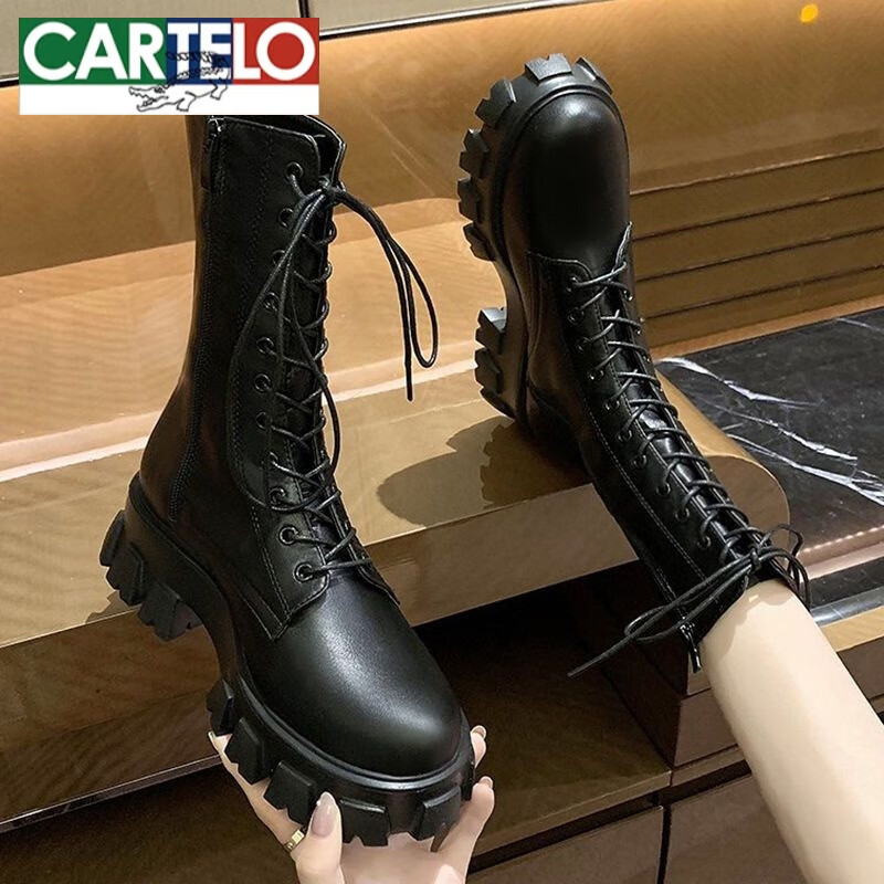 卡帝樂(lè )鱷魚(yú)（CARTELO）小個(gè)子增高馬丁靴英倫風(fēng)高幫女鞋2025秋冬季厚底加絨白色中筒靴子 黑色單里 35