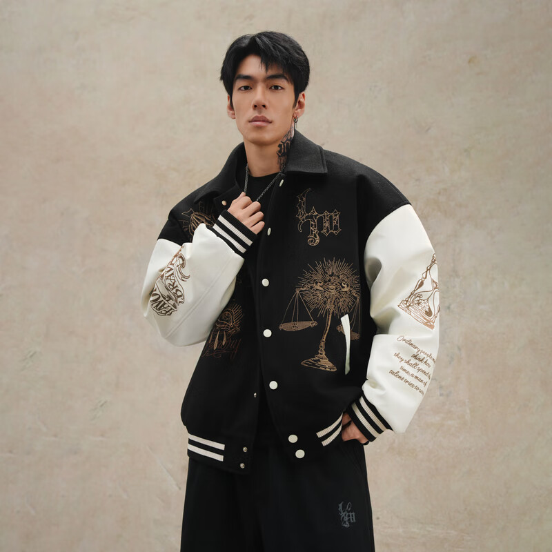 鹿家门原创毛呢加厚棒球服男士春秋重工运动外套宽松大码保暖棉服 黑色（常规款） 2XL 推荐180-220斤