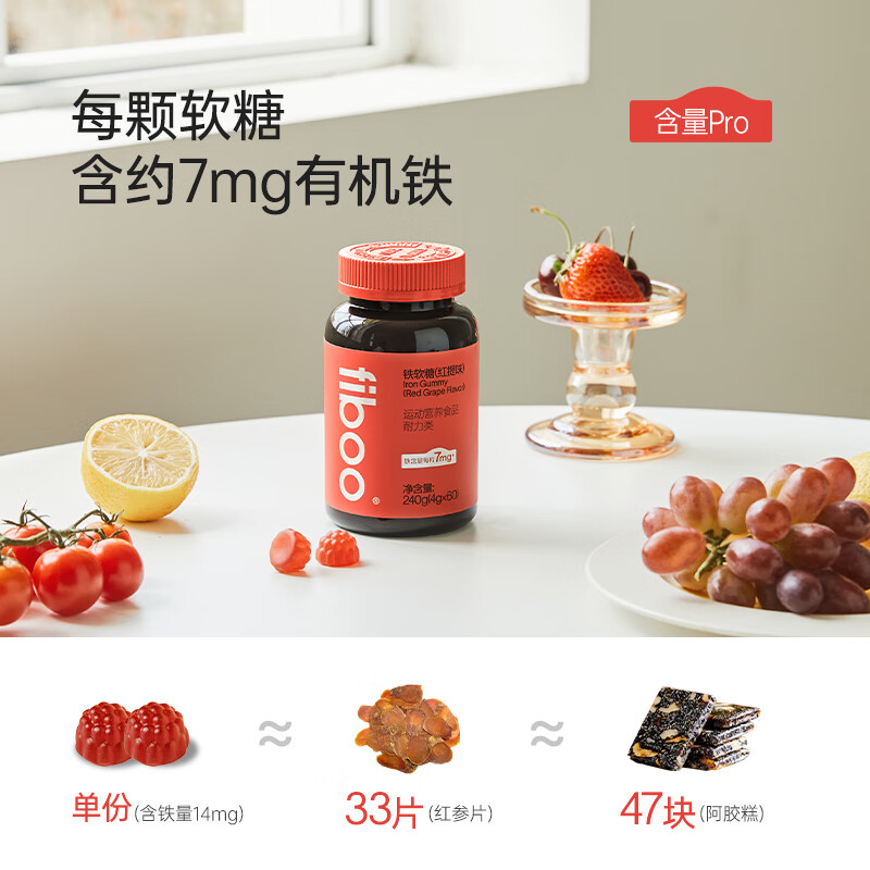 FIBOO她练富铁软糖元气铁补养女性孕妇哺乳期铁软糖气血0蔗糖【pro款】 【7mg/粒有机铁】 60粒*1瓶