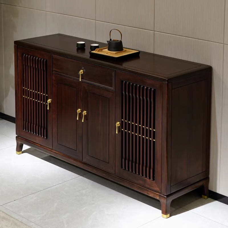 韵美嘉缘新中式乌金木实木餐边柜酒柜一体靠墙餐厅厨房碗筷收纳置物架矮柜 1.8米进口乌金木餐边柜