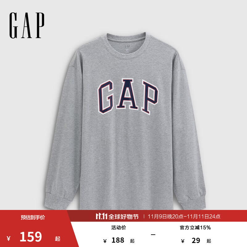 GAP男女装2025秋季新款字母logo圆领纯棉长袖T恤宽松上衣788456 浅灰色 L (175/96A) 亚洲尺码