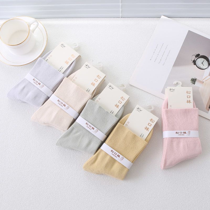 AILUKI袜子中老年袜子宽松中筒孕妇男春秋冬加厚棉不勒腿袜子松口女袜 女款松口浅彩-5双【35-40】码