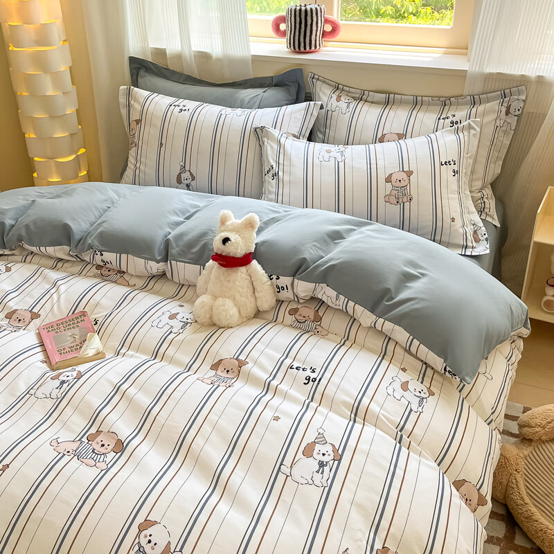 AIDLIA类全棉磨毛床上四件套纯棉床单被套床笠保暖床品套件 A趣味小狗 1.5/1.8m床 床单款 （被套200*230cm）