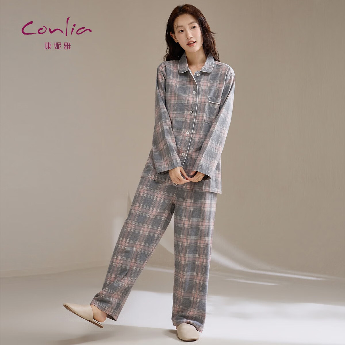 康妮雅秋季纯棉磨毛睡衣女长袖格子休闲梭织全棉家居服套装冬季款 浅灰色 XL