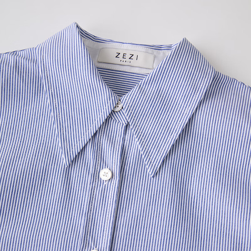 ZEZI100%长绒棉条纹衬衫女长袖职业装工装单排扣衬衣通勤开衫2025秋新 暗蓝条纹 M （115-125斤）