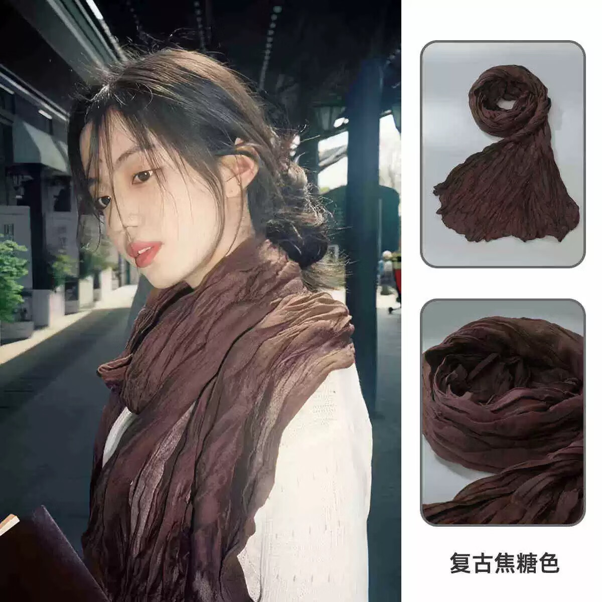 县城文学棕色复古棉麻围巾女秋薄款文艺亚麻褶皱风衣丝巾系脖长条 米黄色