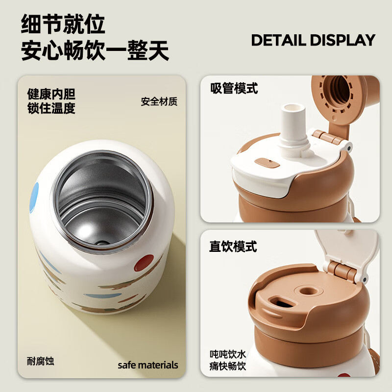 MMOTRO日本商标儿童保温杯女孩可爱吸管水杯学生上学专用不锈钢杯 粉色小猫 620ml
