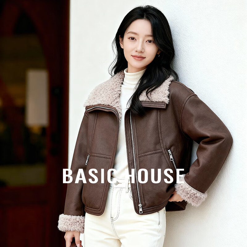 百家好（Basic House）Basic House/百家好复古风翻领保暖外套女冬小个子高级感皮毛一体 咖色 M