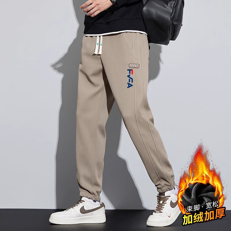 Fila斐家男裤2025新款男士加绒保暖卫裤秋冬针织长裤简约休闲运动裤 斐乐同款卡其色 2XL