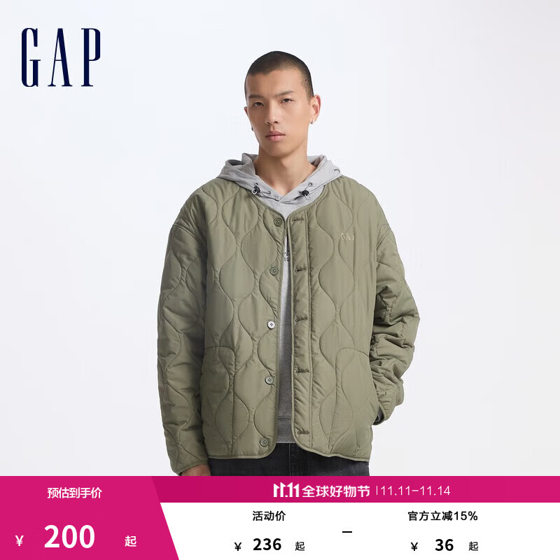 GAP男装印花logo波浪绗线外套轻薄简约风棉服619672 浅绿色 L (175/96A) 亚洲尺码