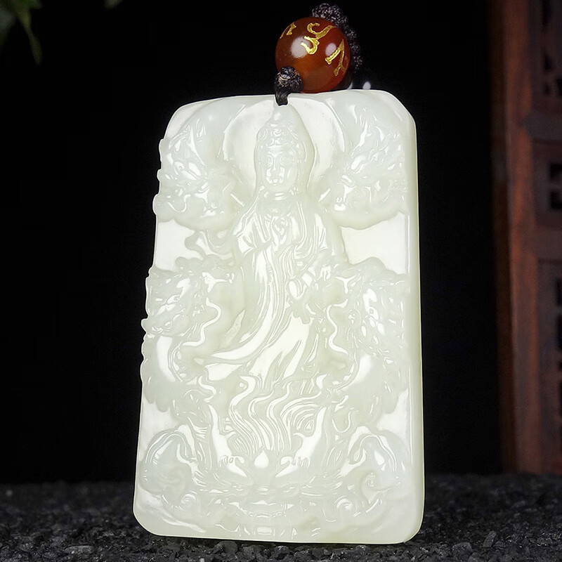 玉白玉骑龙观音玉吊坠时尚玲珑男款项链挂饰玉牌送老公 观音48*31*8mm