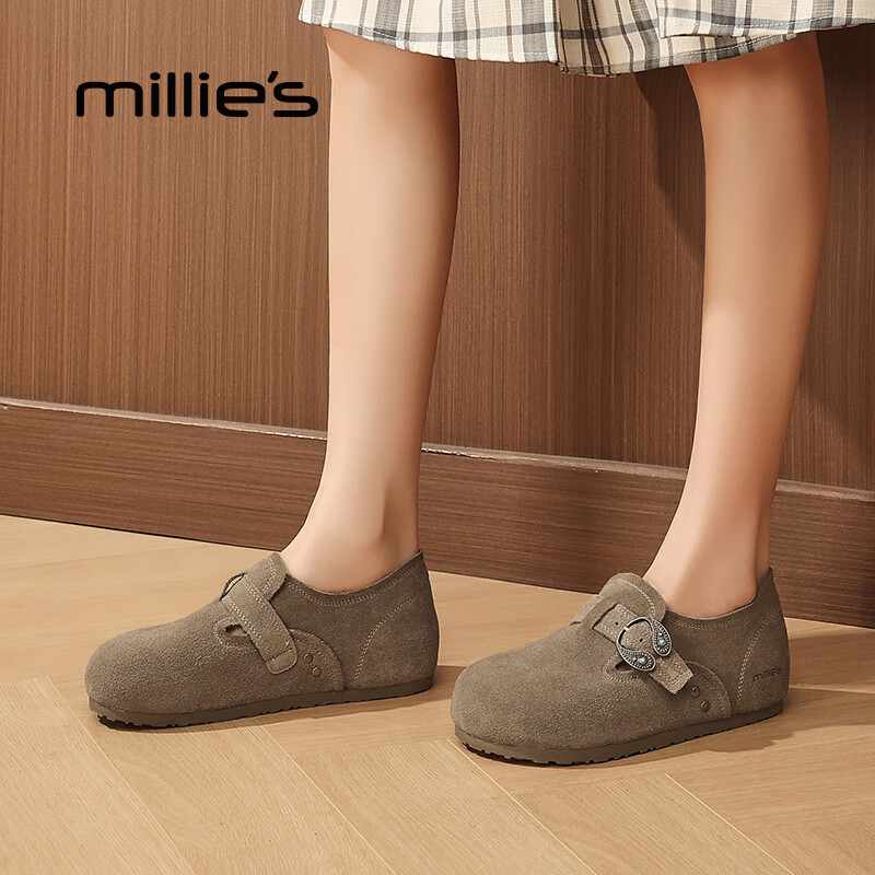 妙丽勃肯鞋女平底真皮浅口复古时尚潮流2025冬季新款通勤百搭单鞋 羚羊棕 35 (225mm) 标准码