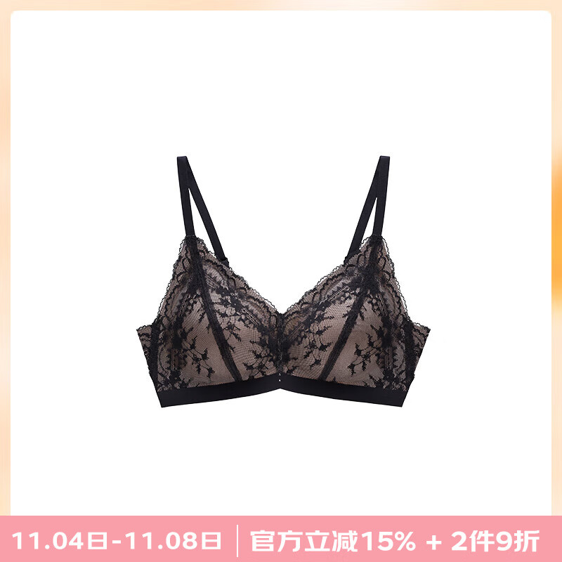 曼妮芬芒果杯舒适蕾丝文胸女士收副乳无钢圈无痕薄款透气美背性感内衣 黑曜密语 M 160 适合80-100斤