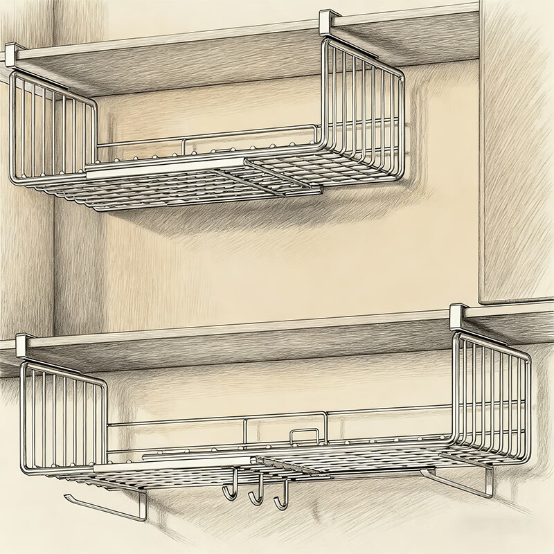 尔思家厨房置物架免打孔橱柜下挂架多功能调料纸巾悬挂式倒挂架收纳架 【高硬度加厚-可伸缩】原色-带挂钩