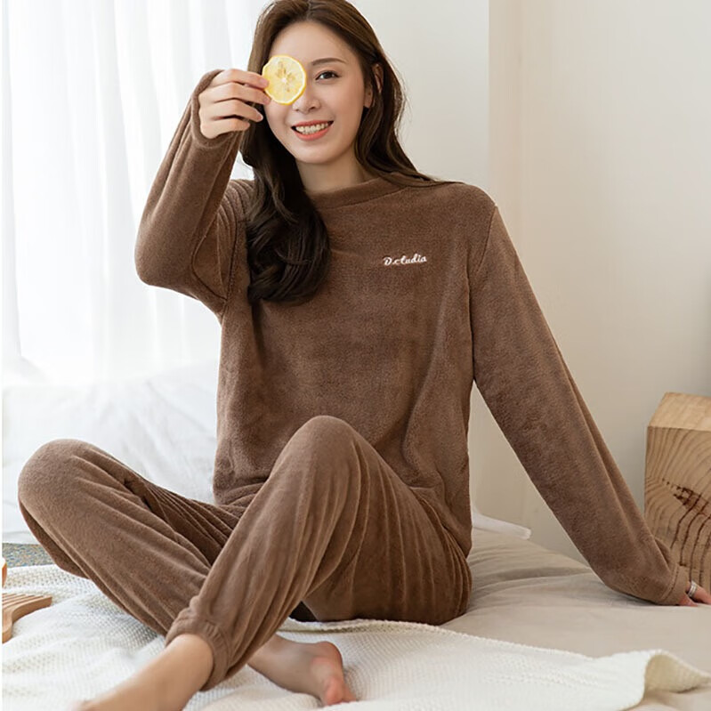 楠飞华裳 暖暖套装袖长裤大版珊瑚绒秋冬新款加厚保暖时尚家居服睡衣睡裤 初恋粉暖暖套装 均码 (80-145斤)