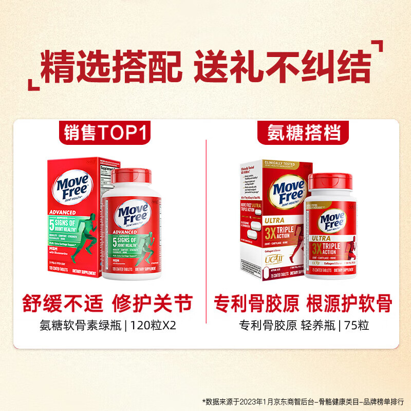 益节（Move Free）甄选关节健康礼盒 送长辈送父母 氨糖软骨素维骨力 年货送礼优选 【关节健康年货礼盒】舒缓绿瓶 120粒*2瓶 +骨胶原