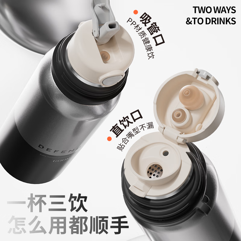 GOOM吸管保温杯带杯盖可喝水男生高颜值大容量双饮泡茶女士学生水杯子 黑曜银570ML【一盖三饮 可放书包侧兜】