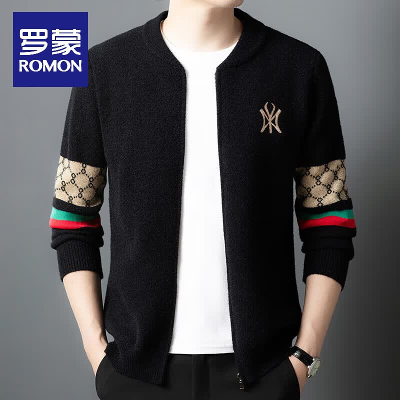 罗蒙（ROMON）针织外套男秋冬季男休闲开衫拉链毛衣男士韩版外穿上衣夹克衫男 黑色829078 M 90-116斤