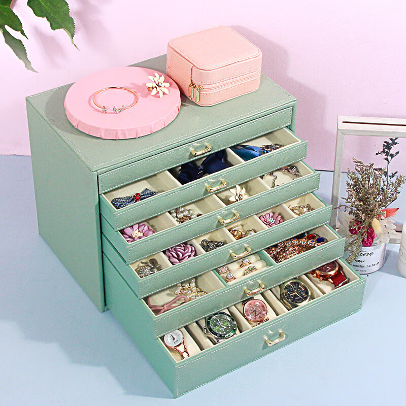 靈芳首飾盒多層歐式韓國大容量珠寶戒指手表收納盒精致輕奢盒 六層再生皮-淺綠色