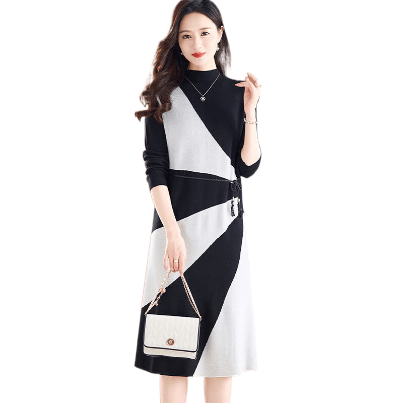 鹿王戀雪配大衣毛衣裙女秋冬新款中長款過膝針織打底連衣裙內(nèi)搭顯瘦羊毛衫 9805黑色 M