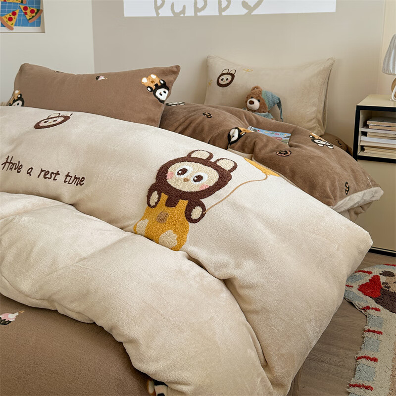 AIDLIA类牛奶绒刺绣四件套冬季保暖法兰绒套件被套床单枕套 气球布布 1.5/1.8m床 床单款 被套200*230cm