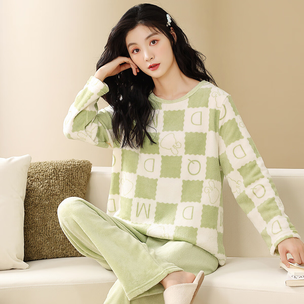 香蜜闺秀GOSO睡衣女肤暖绒秋冬可外穿柔软舒适家居服套装女【商城同款】 浅绿 L 京东折扣/优惠券