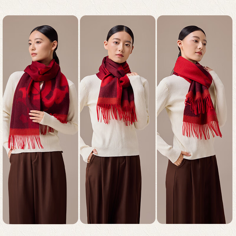 上海故事秋冬新款素影繁花双头绣100%羊毛围巾送长辈妈妈女刺绣大披肩 素影繁花-杏粉色 200*70cm(含须)