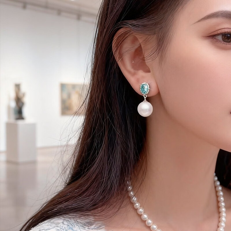 KRISTEN JUDI海蓝闪锆12mm大珍珠耳饰女银针蓝色耳钉圆脸耳环送女友妈妈礼物 约12MM耳针款-实用生日礼物送女友老婆闺蜜