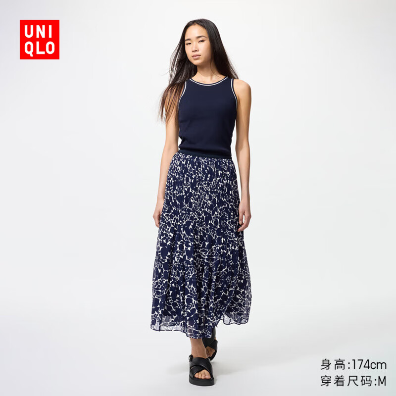 优衣库女装雪纺长裙/层叠显瘦半身裙裙子480810 69 藏青色 L /160/72A