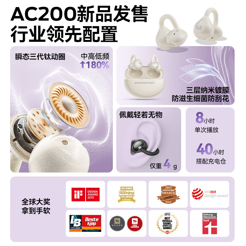 魔声(Monster)Airclip AC200 不入耳式无线蓝牙耳机AI智能耳机 小耳夹主动降噪 6.0蓝牙低延迟新款升级 手机通用 锖黑色【AI智能+40h时长+4g舒适佩戴】