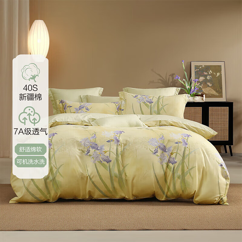 百丽丝四件套纯棉床上四件套宿舍三件套可机洗四季透气套件 淡韵鸢尾 床单款 （被套220*240cm）