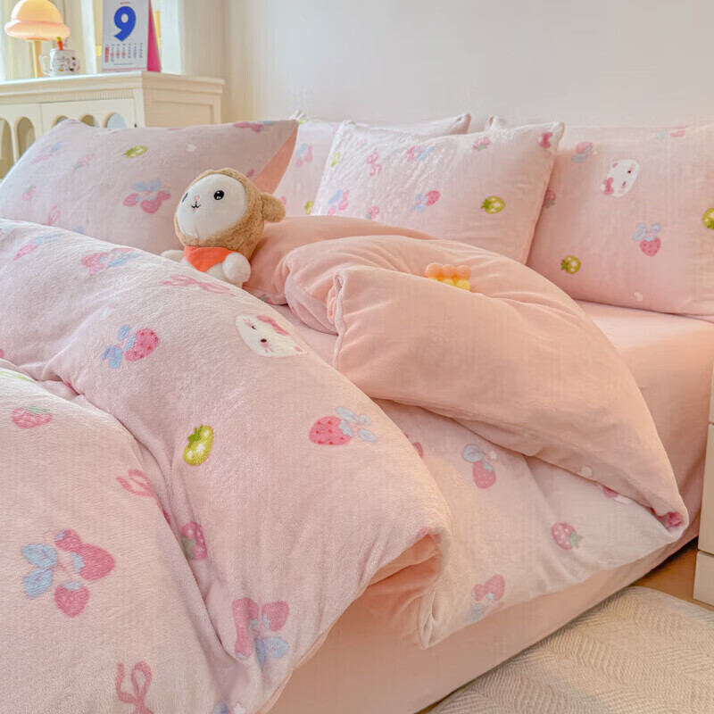 软贝小清新牛奶绒床上四件套保暖毛绒床单被套学生宿舍秋冬款三件套 草莓猫咪 床单款 2.0m  被套200*230cm 四件套