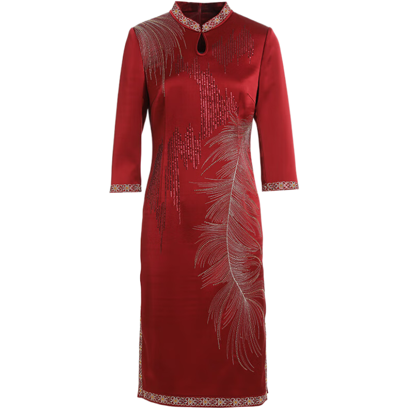 乔万尼新品旗袍喜宴礼服重磅手工刺绣连衣裙收腰EI3E248101 枣泥红 S