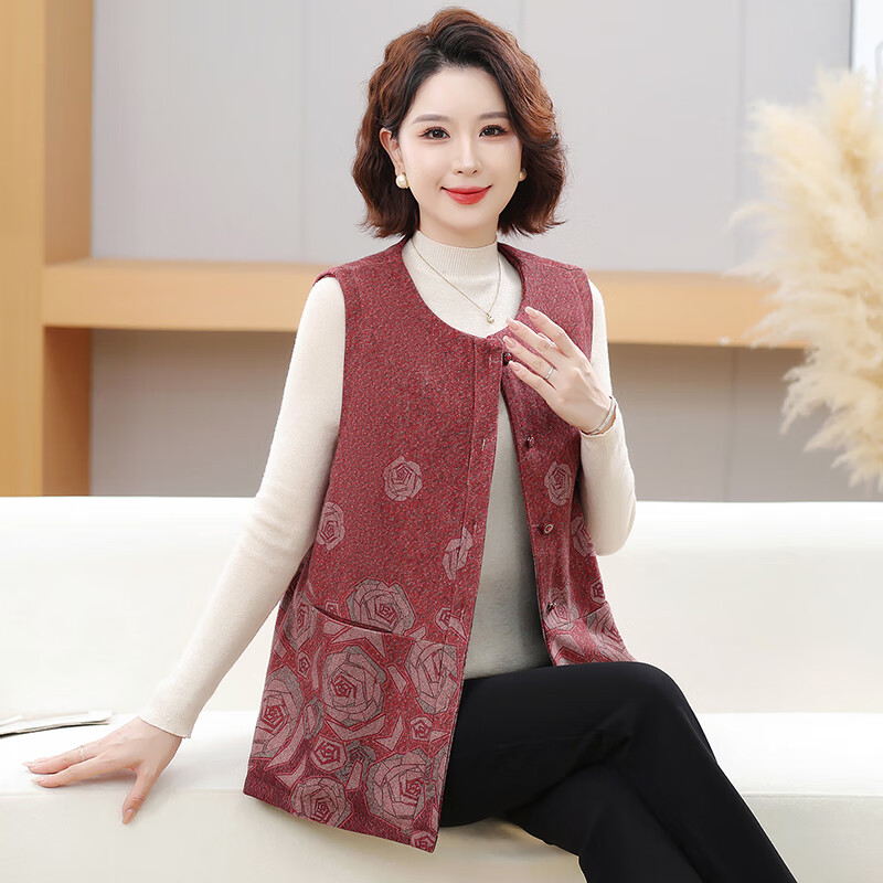 榄舍大码妈妈圆领马甲女秋装加厚款坎肩外套中老年胖太太加肥保暖马夹 红色 7XL (建议210-235斤)