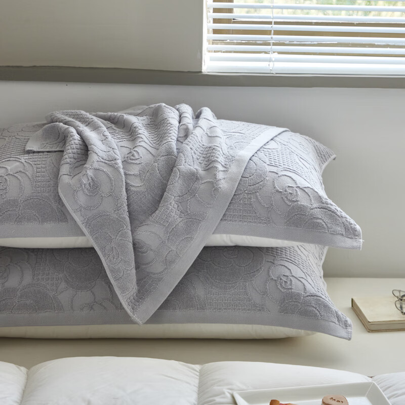 蜜乐暖A类100%纯棉枕巾男士防油防汗全棉枕头巾冬季吸汗大枕巾纱布枕套 繁花-灰【全棉毛线圈针织工艺】 【加厚加大】52x75cm【单只装】