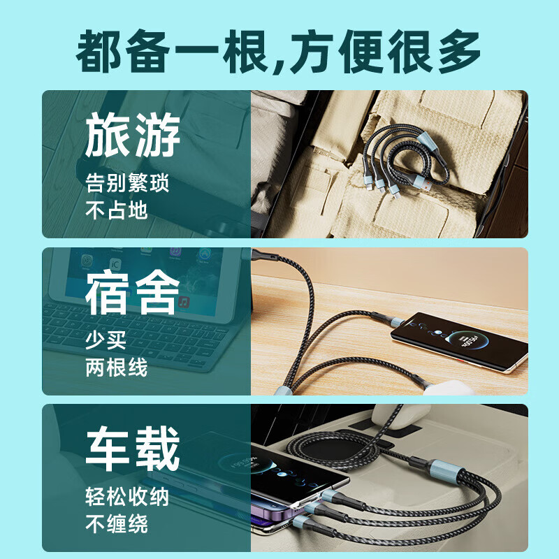 drop dot【66W超级快充丨线加粗80%】数据线三合一6A苹果安卓充电器线Type-C一拖三多合一华为小米手机车载 1.2米【编织线】黑色