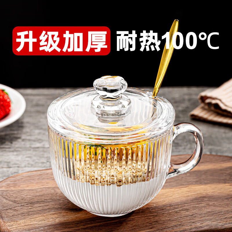 玻璃杯带盖勺咖啡杯早餐杯带盖子勺玻璃杯子家用带把 【升级加厚】竖条纹470ml+提钮盖 100℃开