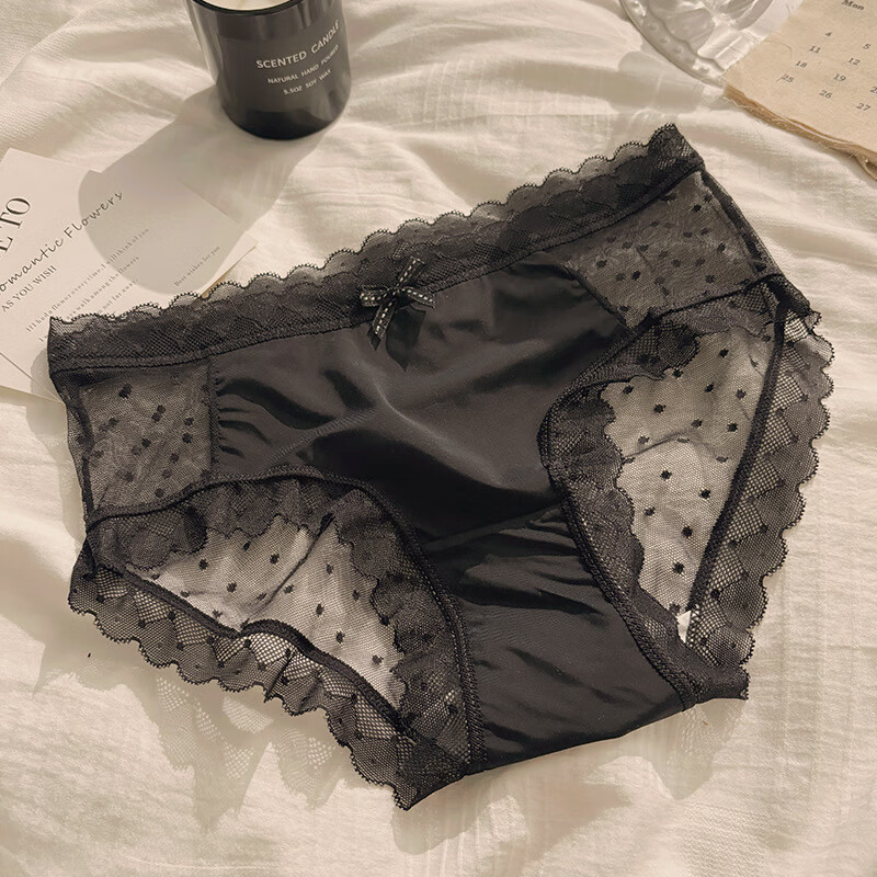 稚蝶蕾丝纯欲风网纱中腰纯棉裆三角内裤法式性感透明超薄女士内裤 混色 随机 3条 L 【95-125斤】