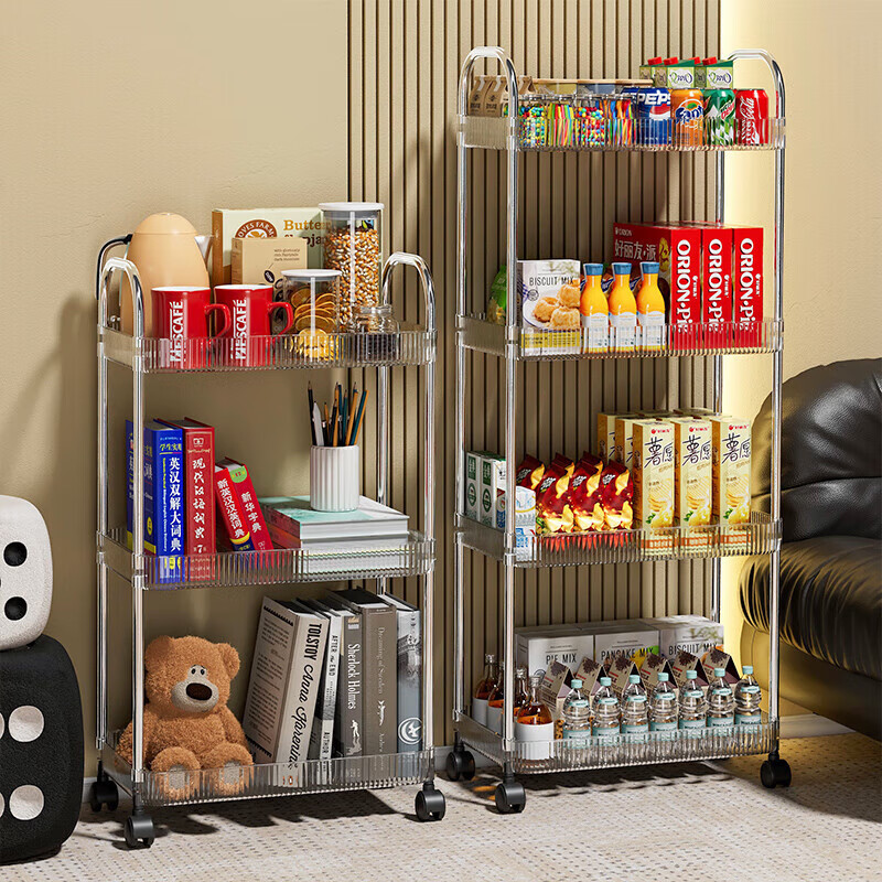 稻草熊可移动小推车置物架收纳架家用零食玩具桌面落地收纳神器 3层 推车置物架【带2个挂盒】