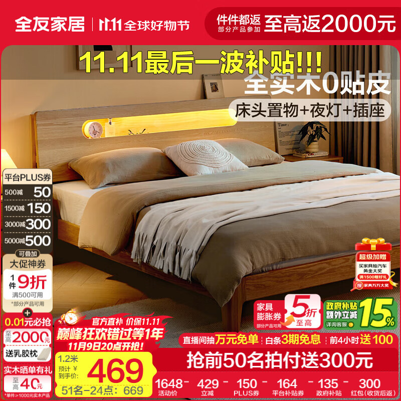 全友家居橡木实木双人大床1.8x2米主卧室储物收纳床胡桃木色多功能床 【原木色 | 高脚低铺款】单床 1.2x2米【FAS级北美红橡木+全实木0贴皮】