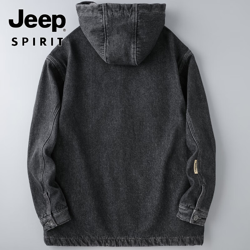 JEEP SPIRIT轻奢连帽加绒牛仔外套男秋冬宽松大码中长款加厚拉链休闲棉衣夹克 深灰色 X8243牛仔外套 加绒 2XL 170-185斤
