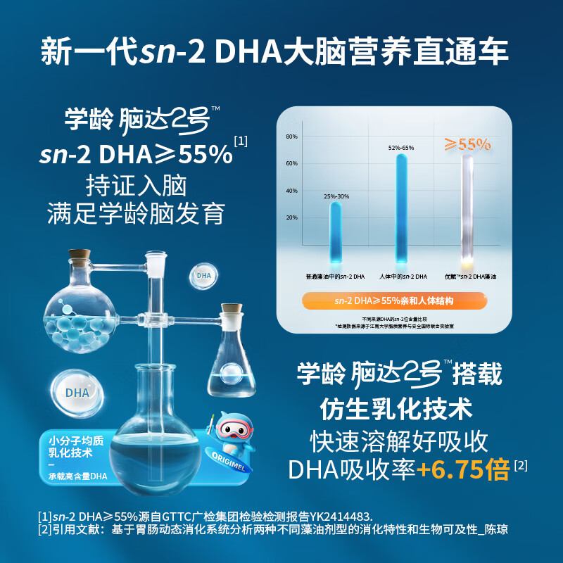 ORIGIMEL优赋 婴幼儿dha儿童DHA 婴童脑达2号眼脑健康发育 3岁及以上儿童 学龄脑达2号 26粒*2盒