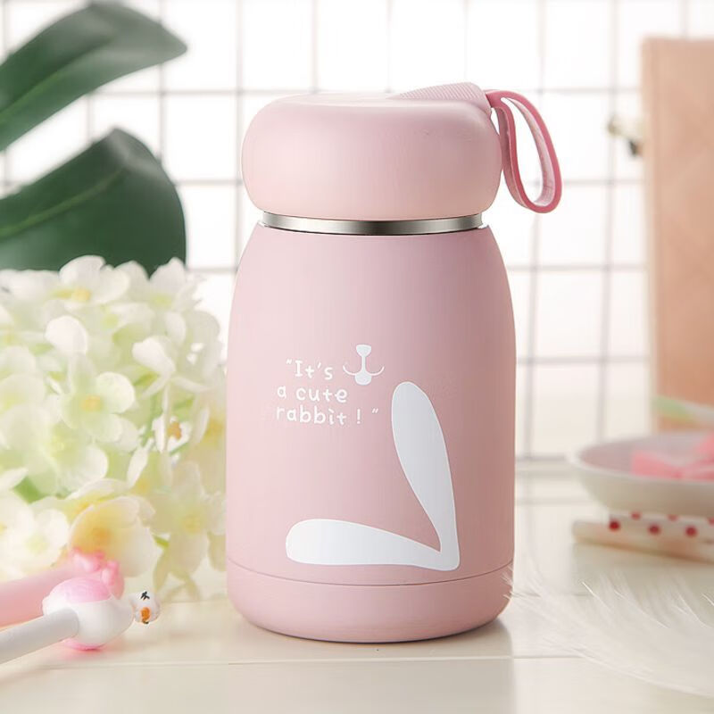 金迷你水杯、防摔杯、萌兔办公茶杯、创意便携杯、防烫保温杯 智能测温(蓝色)320ML