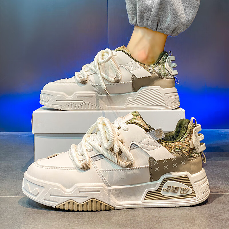 真维斯（Jeanswest）男鞋休闲鞋子男士厚底增高运动板鞋面包鞋 米绿 39