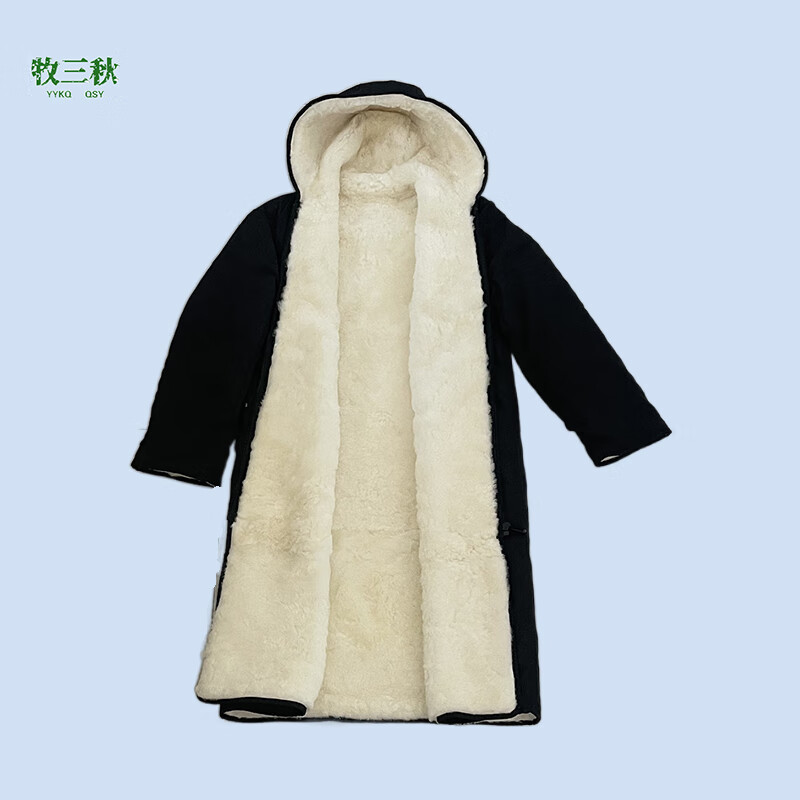 牧三秋真羊皮长款男士连帽加厚大衣棉衣 皮毛一体内胆保暖抗寒零下40度 黑色 整皮加长款(110cm) 3XL —— 160-190斤