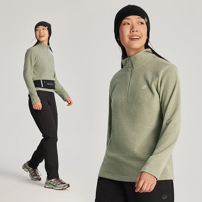 探拓(TECTOP)加绒抓绒衣冬季保暖户外登山徒步运动内搭衣摇粒绒打底衫立领 艾绿色-女款【加绒抓绒衣保暖 L