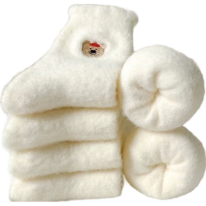 水貂绒袜子卡通动物中筒秋冬加绒加厚保暖白色睡眠毛茸茸刺绣堆堆 随机- 1双 均码