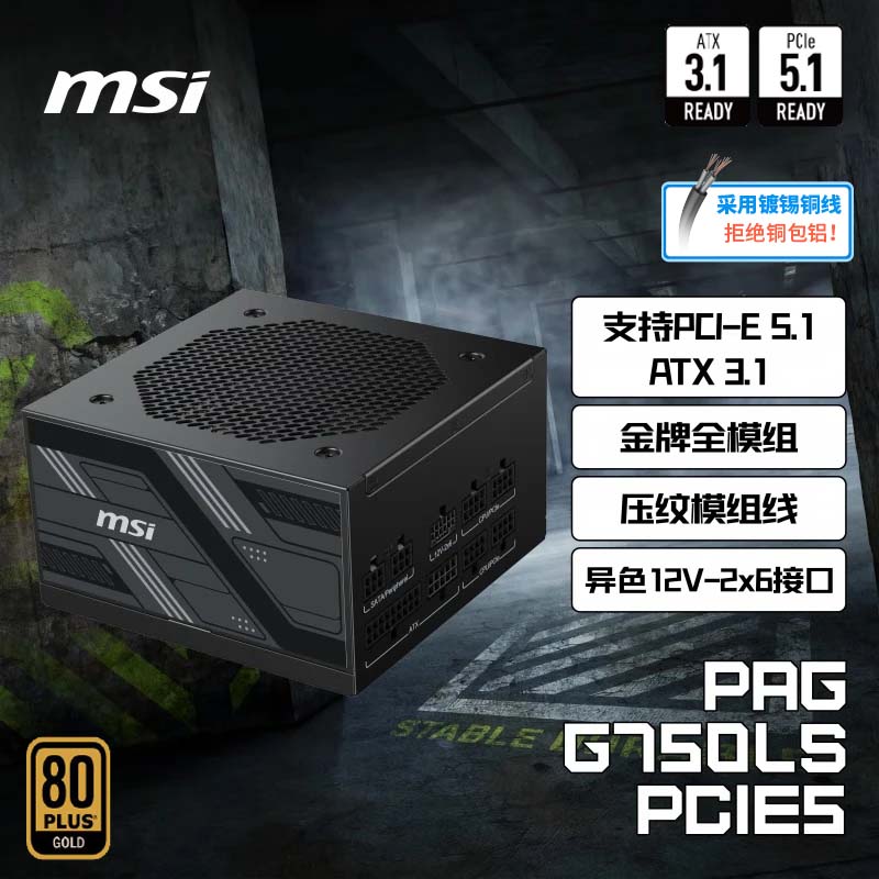 微星微星 额定750W金牌全模组电脑电源ATX3.1/原生16PIN/镀锡铜压纹线/适配5060显卡PAG G750LS PCIE5