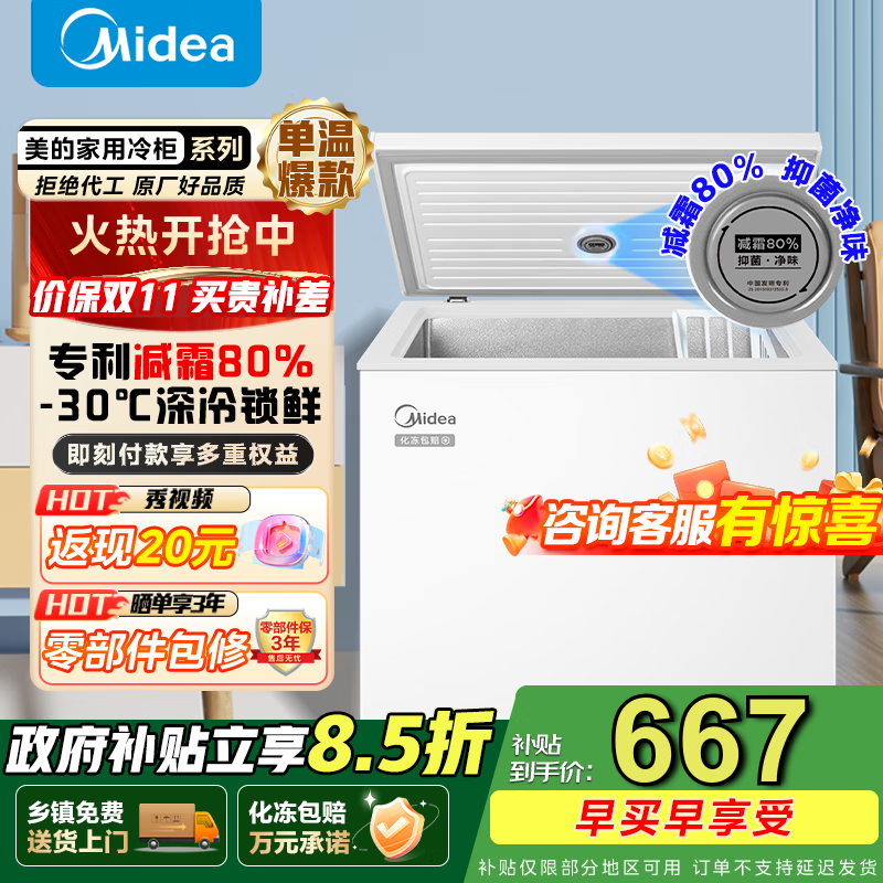美的（Midea）减霜小容量冷柜卧式商用家用冰柜 大冷冻柜 单温冷藏柜囤货保鲜小型冰柜一级能效国家补贴 【BD/BC-2